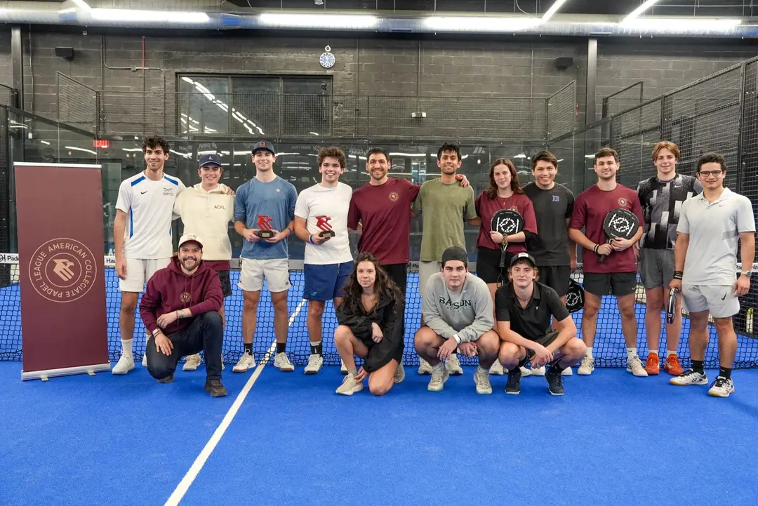 College padel players gathered on court after an American Collegiate Padel League event