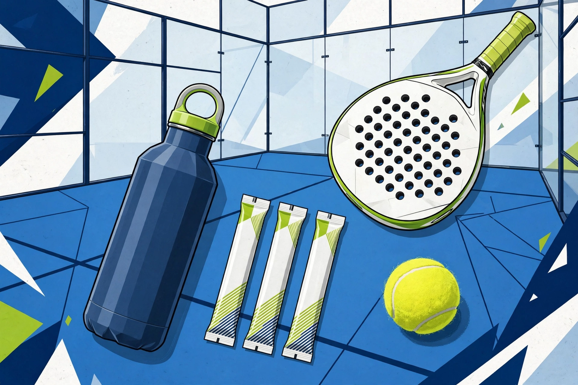 Illustrated water bottle, electrolyte drink sticks, padel racket and ball on a blue court